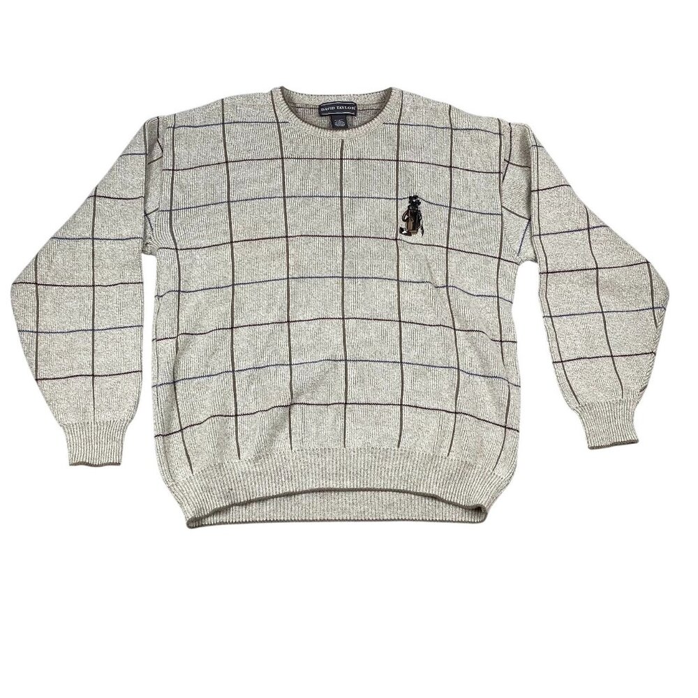 David Taylor Mens Beige Grid Knit Sweater Large Tall With Embroidered Golf Bag D